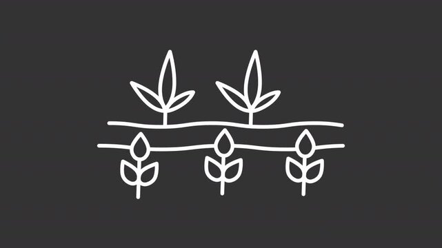 Animated different plants in field white line icon. Intercropping agricultural method animation. Polyculture plantation. Agroforestry. Isolated element on dark background. Alpha transparent video