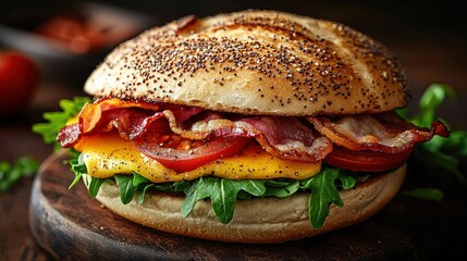 Delicious bacon, cheese, and tomato sandwich on a sesame seed bun