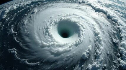 A stunning satellite view showcases a powerful hurricane vortex with a clearly visible eye and mesmerizing spiraling gray and white cloud bands in breathtaking detail. - Powered by Adobe
