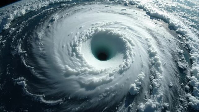 A stunning satellite view showcases a powerful hurricane vortex with a clearly visible eye and mesmerizing spiraling gray and white cloud bands in breathtaking detail.