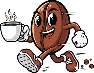 A cheerful coffee bean character, anthropomorphized, runs while holding a steaming cup of coffee.