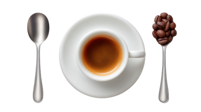 Cup of espresso with silver spoon and spoonful of coffee beans on transparency background rich coffee experience