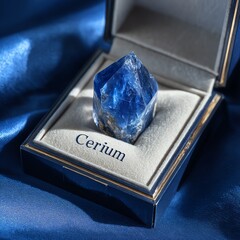 A beautiful cerium crystal displayed elegantly in a velvet-lined box.