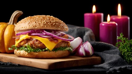 A gourmet burger with cheese, bacon, and red onions on a wooden board, accompanied by a pumpkin and lit candles, creating a cozy autumn ambiance.
