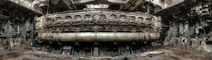 Industrial machinery interior, rusty and aged, with detailed components visible.