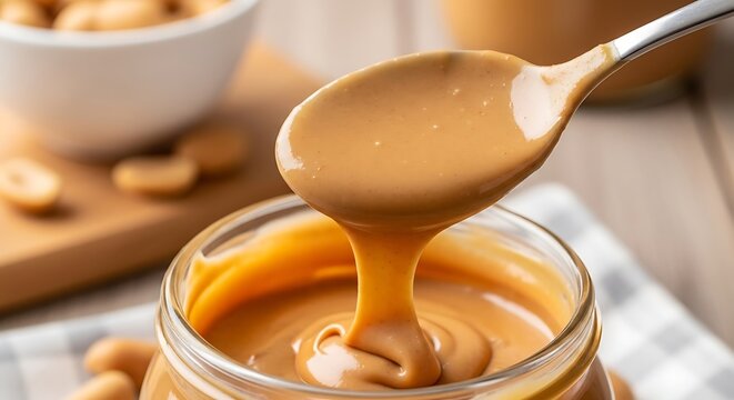 Creamy peanut butter dripping from a spoon into a glass jar on a wooden surface is appealing to