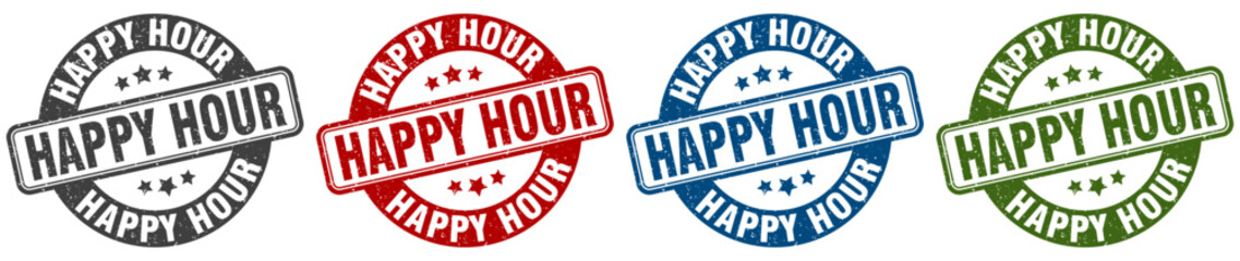 happy hour stamp. happy hour round stamp set isolated on white background
