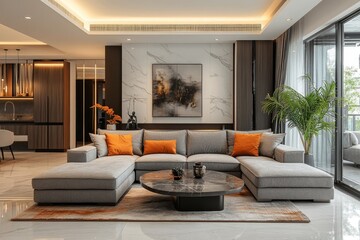 Modern interior design of an apartment, featuring a living room with a sofa and dining room, creating a contemporary and functional space, Generative AI