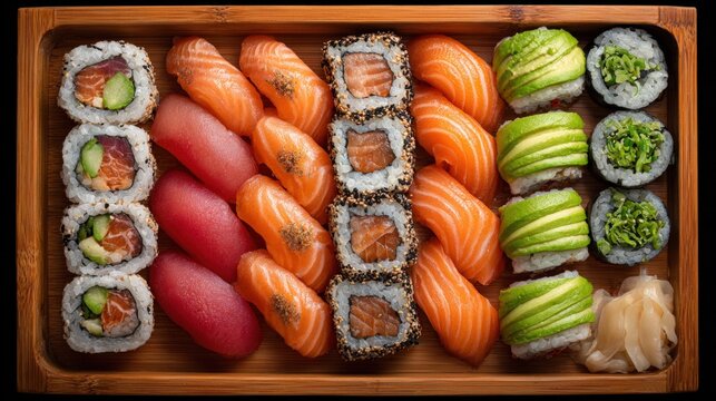 A wooden tray filled with assorted sushi rolls, including salmon, tuna, and avocado, arranged neatly for a colorful presentation.
