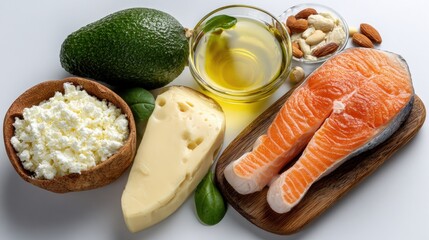 A selection of healthy keto-friendly foods including salmon, cheese, avocado, cottage cheese, nuts, and olive oil on a white background.