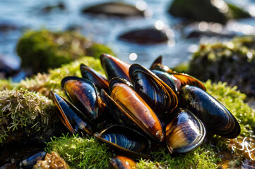 Blue and brown mussels on green moss by water shellfish seafood