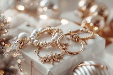 Elegant gold and pearl jewelry displayed on a white surface.