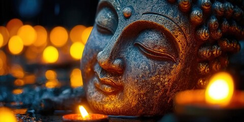 The face of a serene Buddha statue is illuminated by the soft glow of candles.