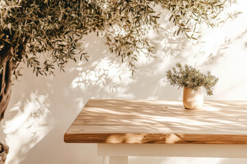 Sunlit olive tree and shadow play on wooden table with potted plant