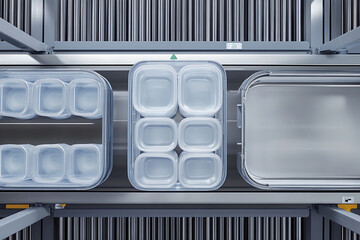 Automated warehouse conveyor system with stacked plastic containers and empty tray