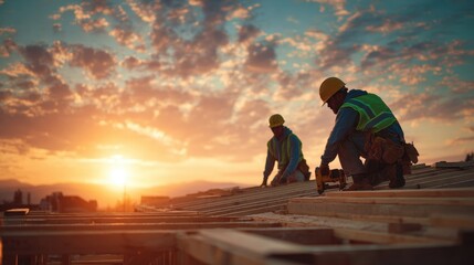 Fototapeta premium Construction workers in safety gear work on a roof at sunset, silhouetted against a colorful sky, highlighting teamwork and industry.