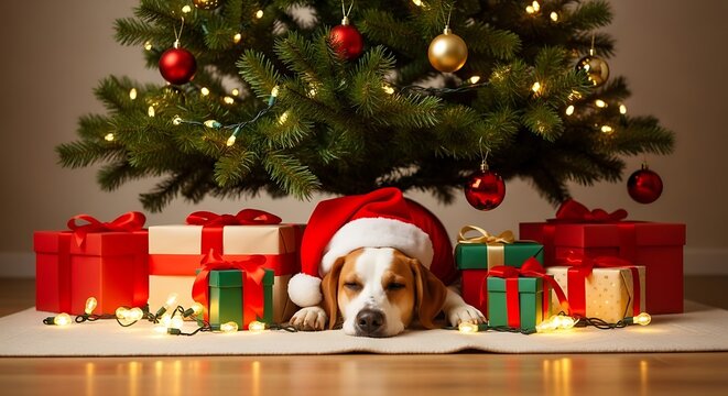 Adorable beagle puppy sleeping under a festive christmas tree with presents around it