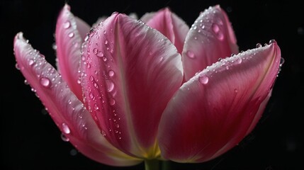 Fototapeta premium Pink Tulip with Dew Drops on Petals Against Dark Background