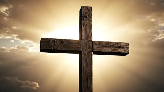 A weathered wooden cross stands against a dramatic cloudy sky with a sunburst behind it creating a strong contrast