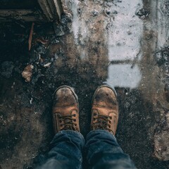 Dirty work boots on muddy ground