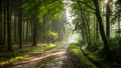 Fototapeta premium A peaceful dirt road meandering through a dense, green forest, inviting exploration