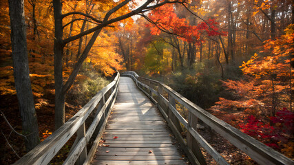 A scenic wooden bridge framed by colorful autumn trees, showcasing the beauty of fall