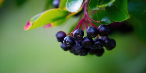 A cluster of ripe, dark aronia berries in a beautiful green setting.