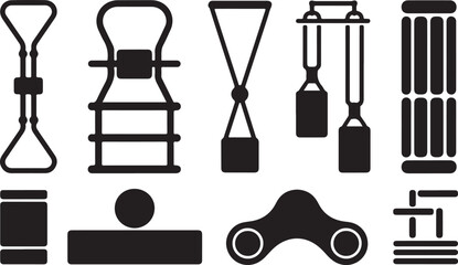 Set of Ten Black-and-White Fitness Equipment Icons Featuring Resistance Band Handles, Gymnastic Rings, Straps, and Suspension Trainers