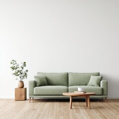Minimalist living room featuring a sage green sofa and wooden accents