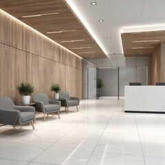 Modern, light-filled office lobby with wood paneling, comfortable seating, and a clean marble reception desk