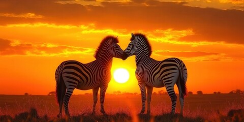 Obraz premium A beautiful sunset captures two zebras in a loving embrace on the African plains.