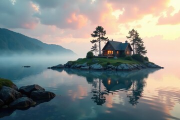 Cozy island cottage, morning mist, Thousand Islands archipelago , picturesque, st lawrence