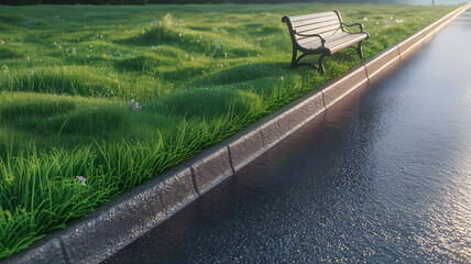 Serene Green Park Bench by Wet Road After Rain – Peaceful Urban Nature Landscape with Dewy Grass, Morning Light, and Empty Street – Relaxation, Calm, and Fresh Weather Scene