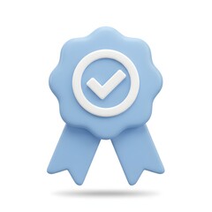Blue 3d award ribbon with a white checkmark inside a circle for approval