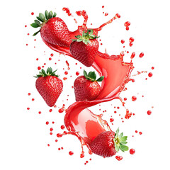 Fresh strawberries splashing in red juice, isolated on transparent cutout background