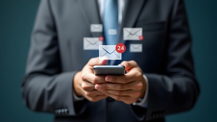 Businessman checking phone with many emails mobile notification