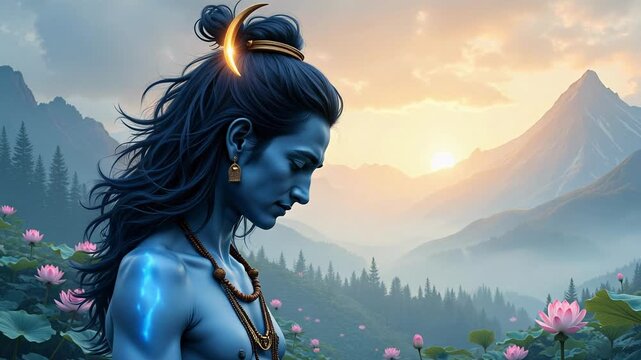 Immerse yourself in a surreal watercolor dreamscape featuring Lord Shiva with closed eyes, glowing softly amid mist and floating lotuses in stunning 4k detail.