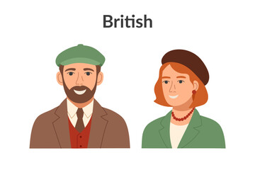 Fototapeta premium British ethnicity people isolated on a white background. Man and woman cliparts. Vector flat illustration.