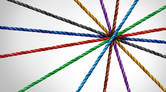 Team meeting business concept as a group success collaborating together for a common goal as a motivational support symbol for unity and togetherness or uniting as ropes joining at a center point.