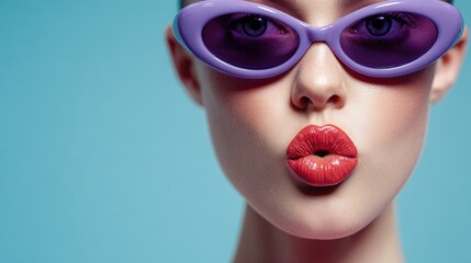 Close-up of a woman wearing purple sunglasses and red lipstick against a blue background, showcasing a bold and stylish fashion statement.