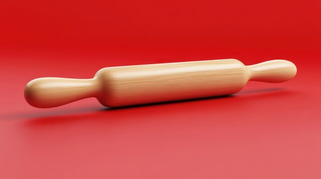 Light brown wooden rolling pin on a red surface