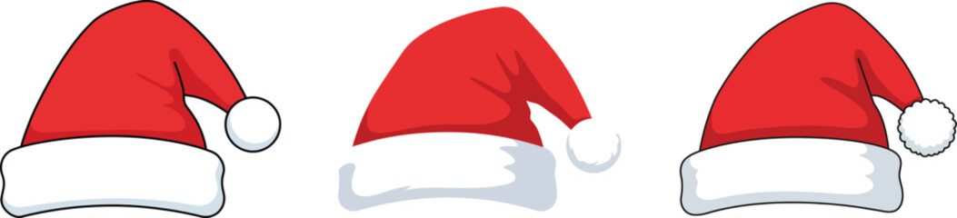 Three Icon Set cartoon Santa hats, red with white trim, displayed in various angles.