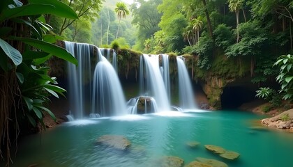 Fototapeta premium Tropischer Wasserfall mit türkisfarbenem Wasser umgeben von dichter, grüner Vegetation 