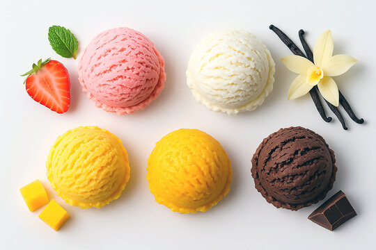 Assortment of ice cream scoops with ingredients on white background. Includes strawberry, vanilla, mango and chocolate flavors. Different flavors of ice cream, top view. Flat lay.
