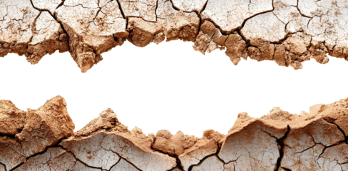 Cracked dry earth frame with copyspace center, isolated on transparent cutout background