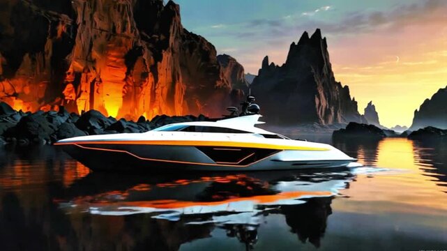 A luxurious yacht sailing through a rocky mountainous landscape during sunset. The sky is painted with warm hues, reflecting on the calm waters, creating a serene and picturesque scene.