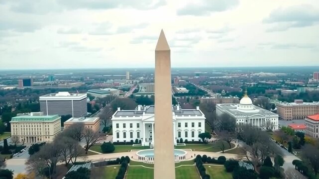 The washington monument stands tall in front of the white house under a cloudy sky