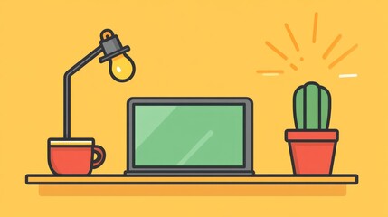 Flat design of a workspace with laptop, lamp, coffee cup, and cactus