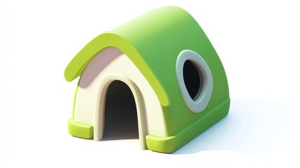 A charming, cartoonish green and white doghouse with a rounded roof and a small, round window