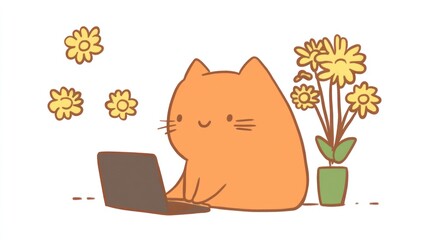 Cute orange cartoon cat sits working on laptop, surrounded by yellow flowers